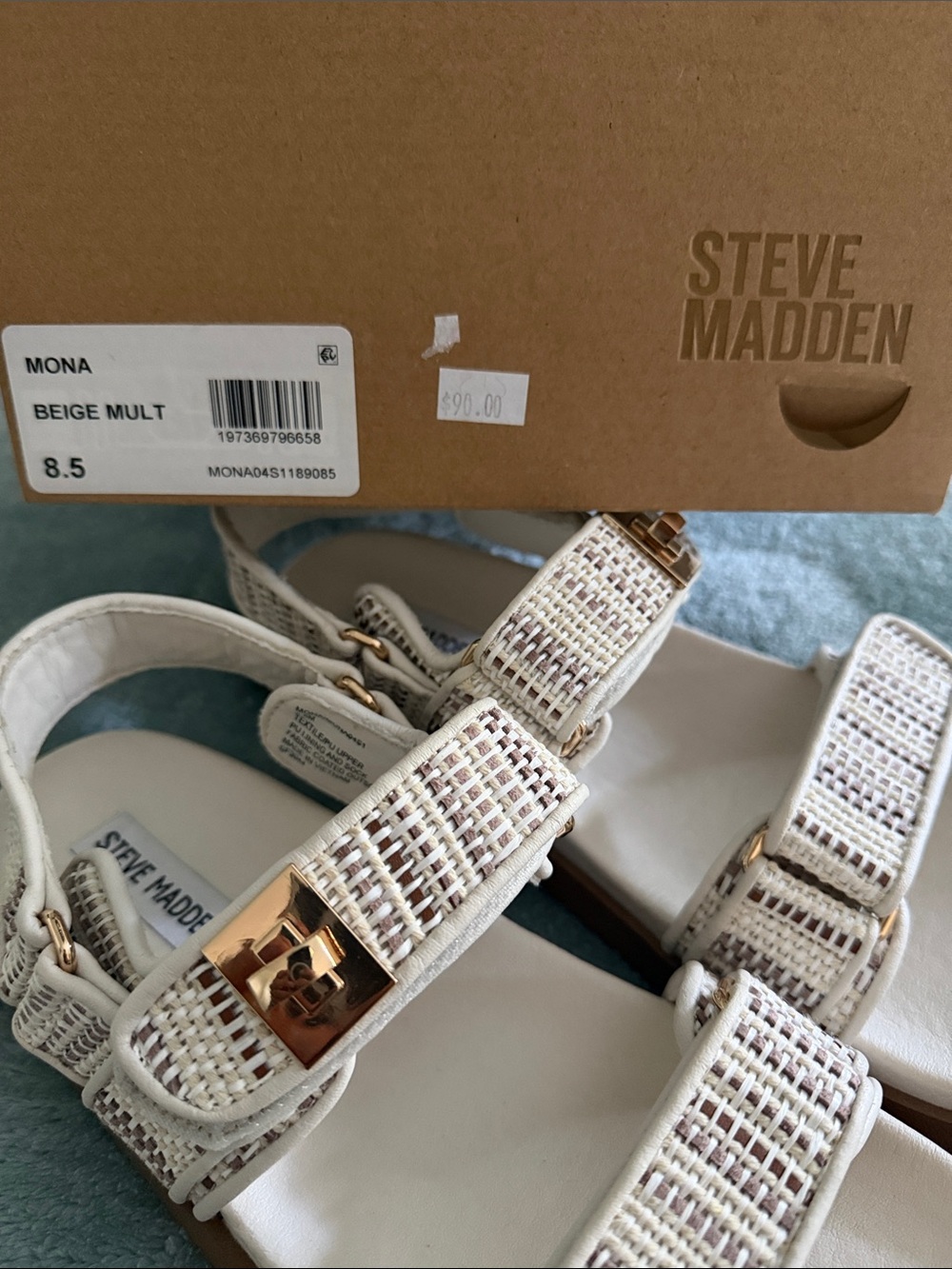 Steve Madden Cream Raffia Double-Strap Sandals with Gold Accents - Picture 4 of 6